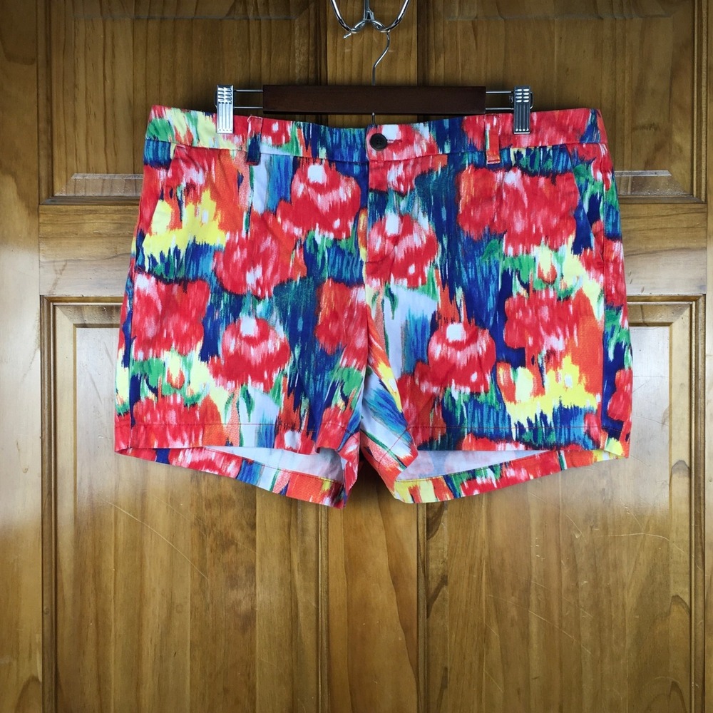 Merona Womens Sz 14 Floral Ikat Shorts Red Blue Yellow Cotton Festival Artistic
